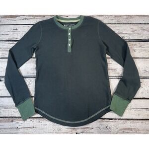 PACT Womens Shirt Small Green Waffle Knit Thermal Henley Organic Cotton Ringer